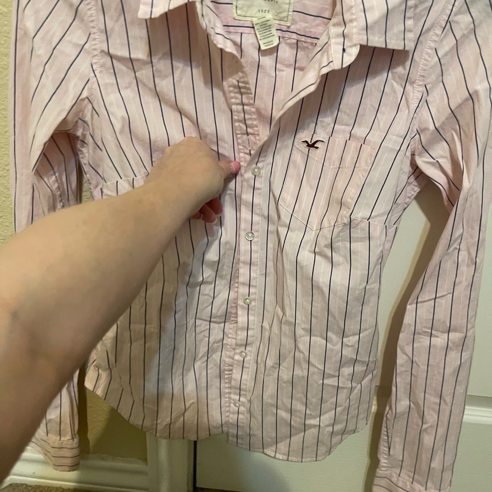 Hollister Pink and Navy Striped Button-Down Shirt